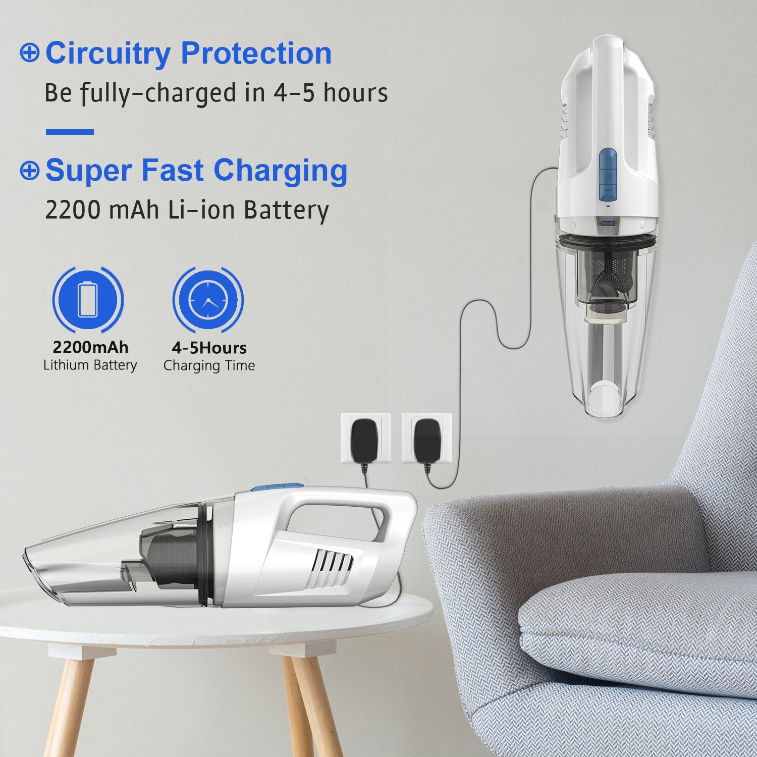 WHALL® Cordless Handheld Vacuum, Wet/Dry Cleaner with 8500PA Suction, LED Light, Lightweight/Portable(White)