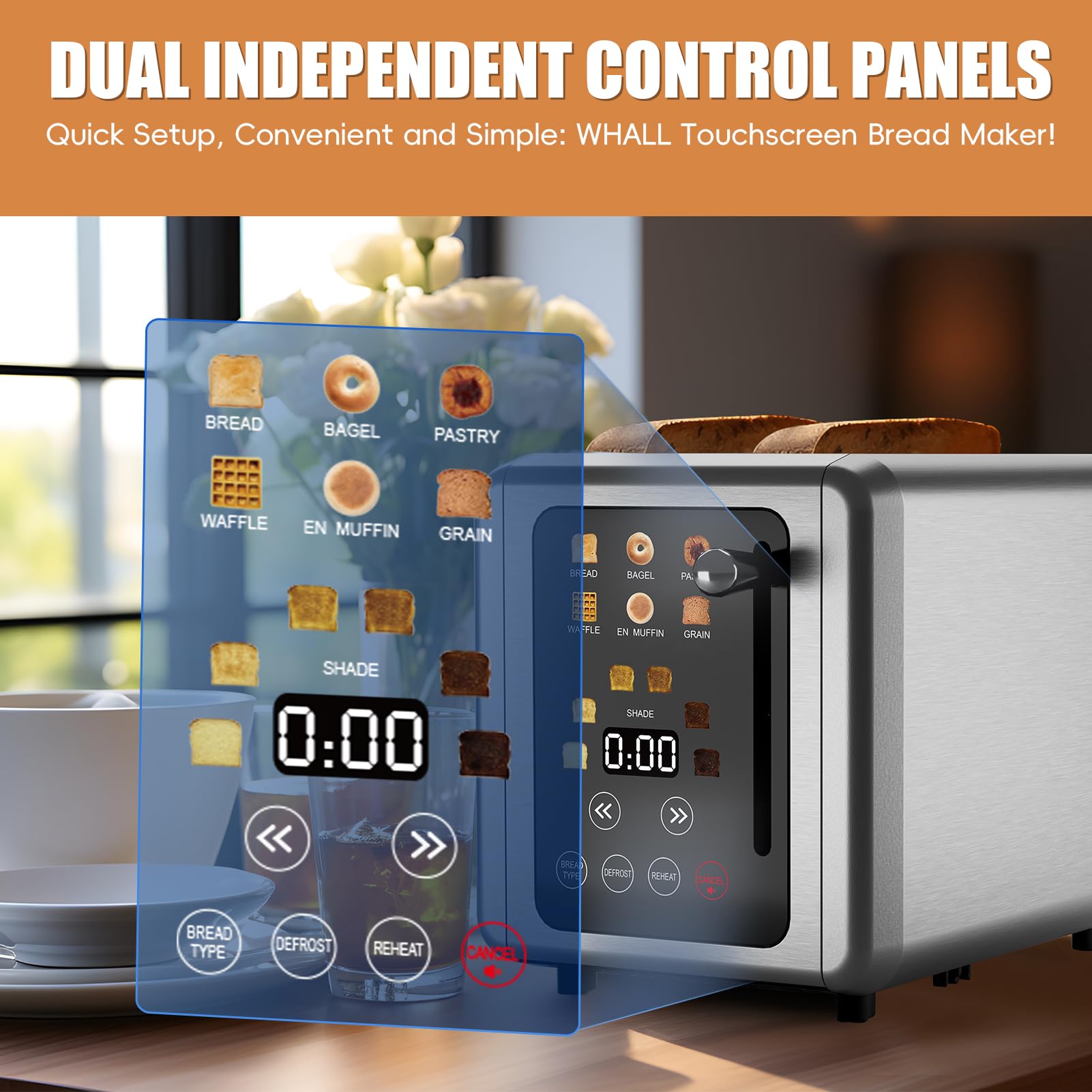 Whall Ultra Touch Screen Toaster 2 Slice, Stainless Steel Digital Timer Toaster with Sound Function