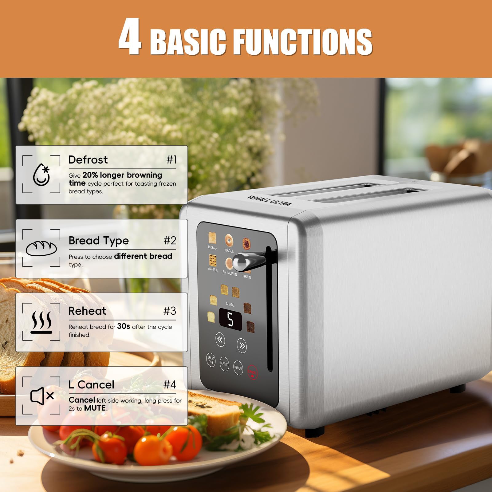 Whall Ultra Touch Screen Toaster 2 Slice, Stainless Steel Digital Timer Toaster with Sound Function