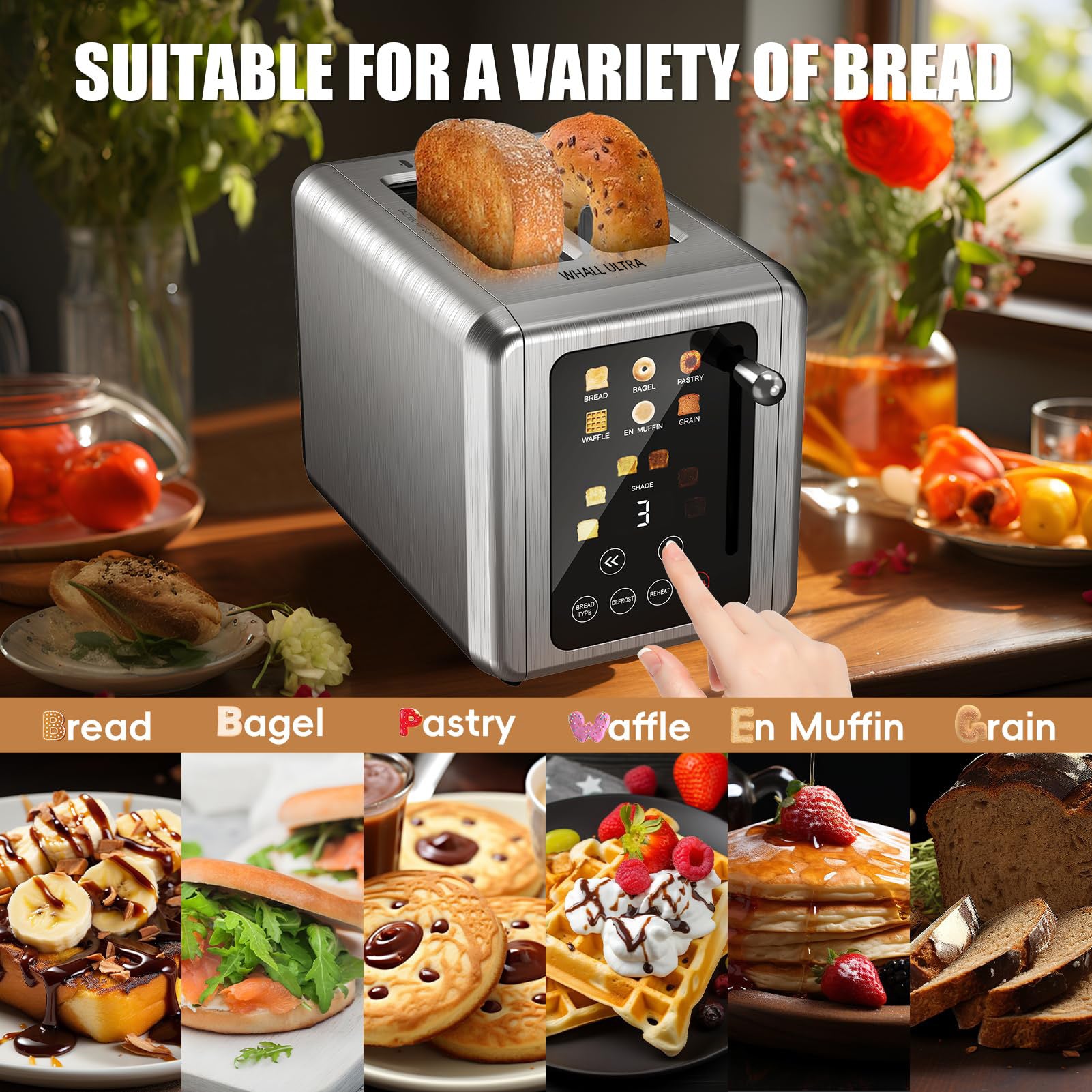 Whall Ultra Touch Screen Toaster 2 Slice, Stainless Steel Digital Timer Toaster with Sound Function