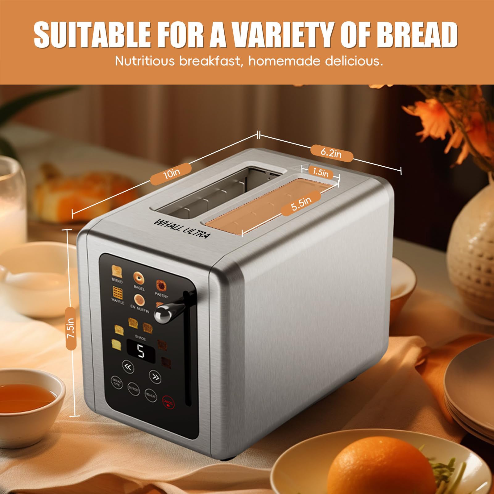 Whall Ultra Touch Screen Toaster 2 Slice, Stainless Steel Digital Timer Toaster with Sound Function