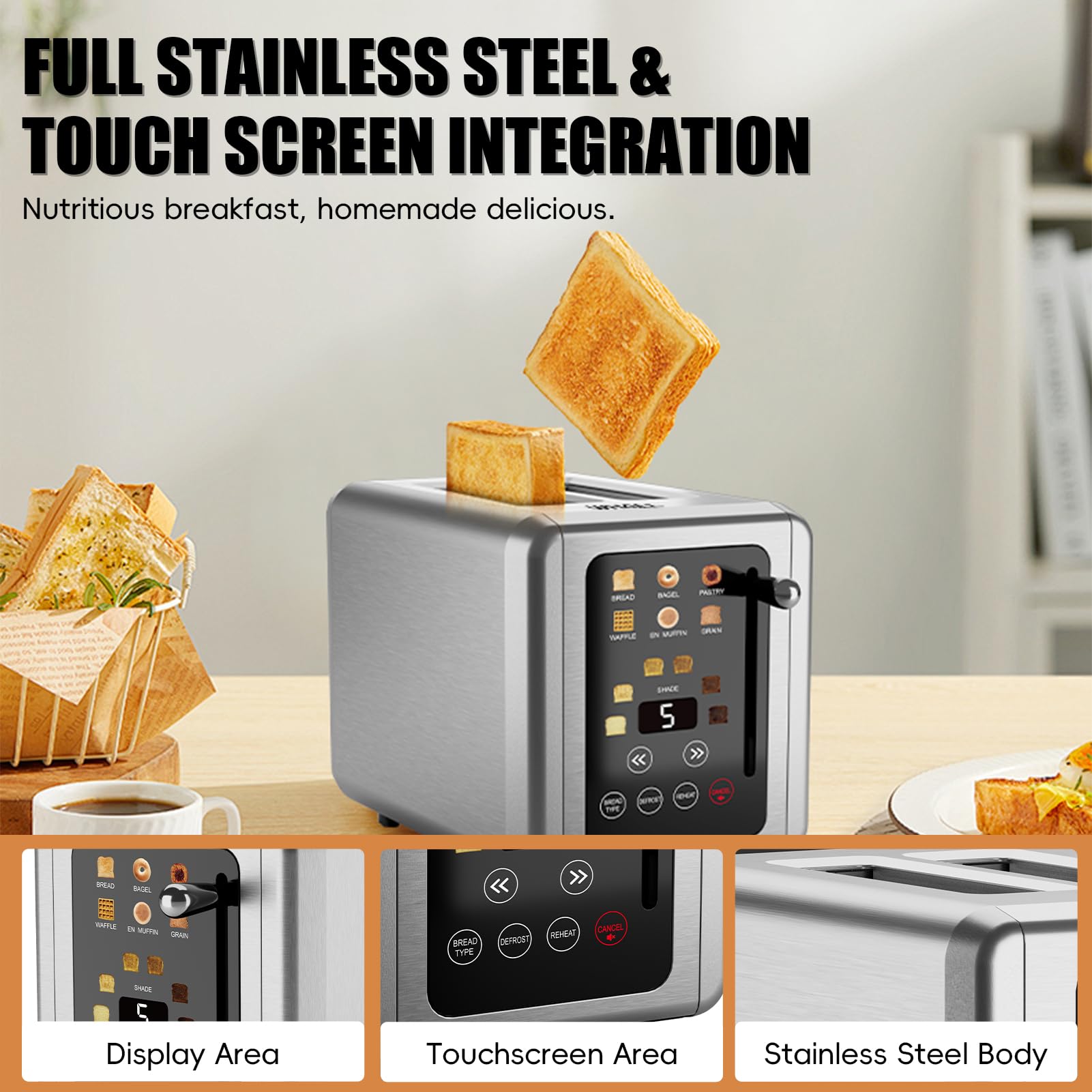 Whall Ultra Touch Screen Toaster 2 Slice, Stainless Steel Digital Timer Toaster with Sound Function